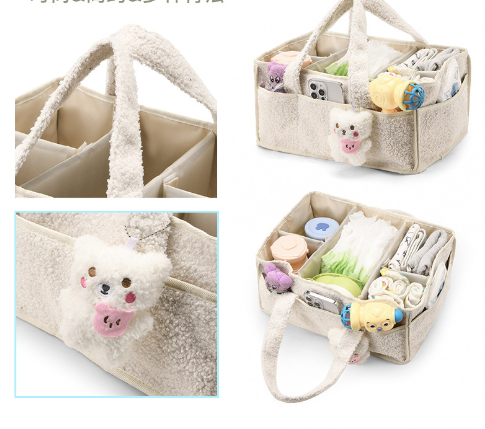 White Large Plush Nappy Caddy Organizer - Portable Diaper Storage Bin & Nursery Tote Bag