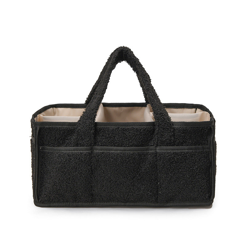 Black Large Plush Nappy Caddy Organizer - Portable Diaper Storage Bin &amp; Nursery Tote Bag