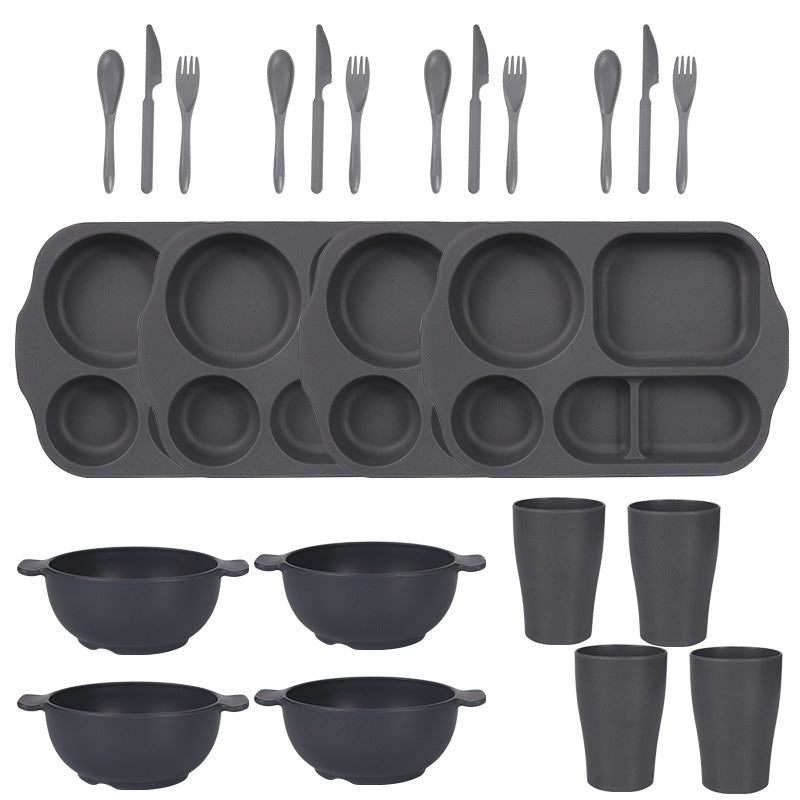 Dark Grey Durable Eco-Friendly Wheat Straw Dinnerware Set - 24 Pieces with Plates, Bowls, Cups &amp; Cutlery