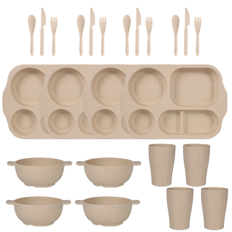 Beige Durable Eco-Friendly Wheat Straw Dinnerware Set - 24 Pieces with Plates, Bowls, Cups &amp; Cutlery