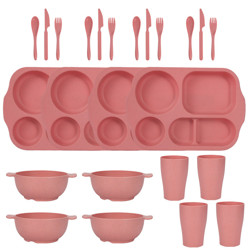 Pink Durable Eco-Friendly Wheat Straw Dinnerware Set - 24 Pieces with Plates, Bowls, Cups &amp; Cutlery