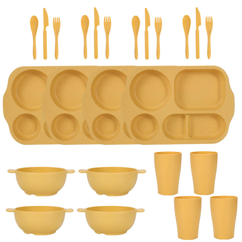 Yellow Durable Eco-Friendly Wheat Straw Dinnerware Set - 24 Pieces with Plates, Bowls, Cups &amp; Cutlery