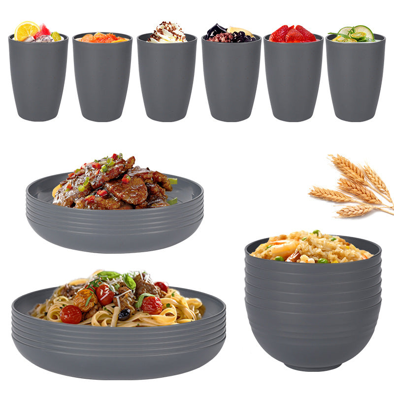 Stylish Dark Grey Wheat Straw Dinnerware Set - 24 Pieces Including Plates, Bowls &amp; Cups