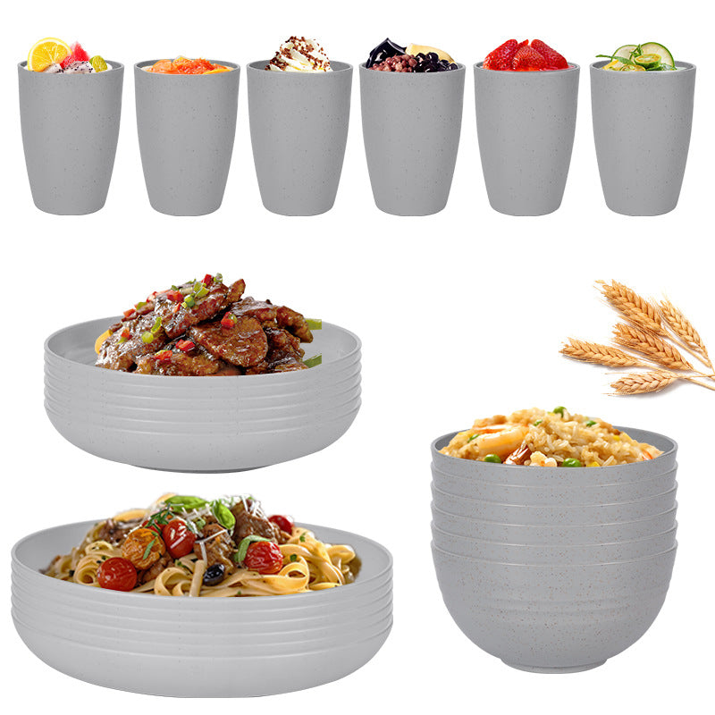 Stylish Light Grey Wheat Straw Dinnerware Set - 24 Pieces Including Plates, Bowls &amp; Cups
