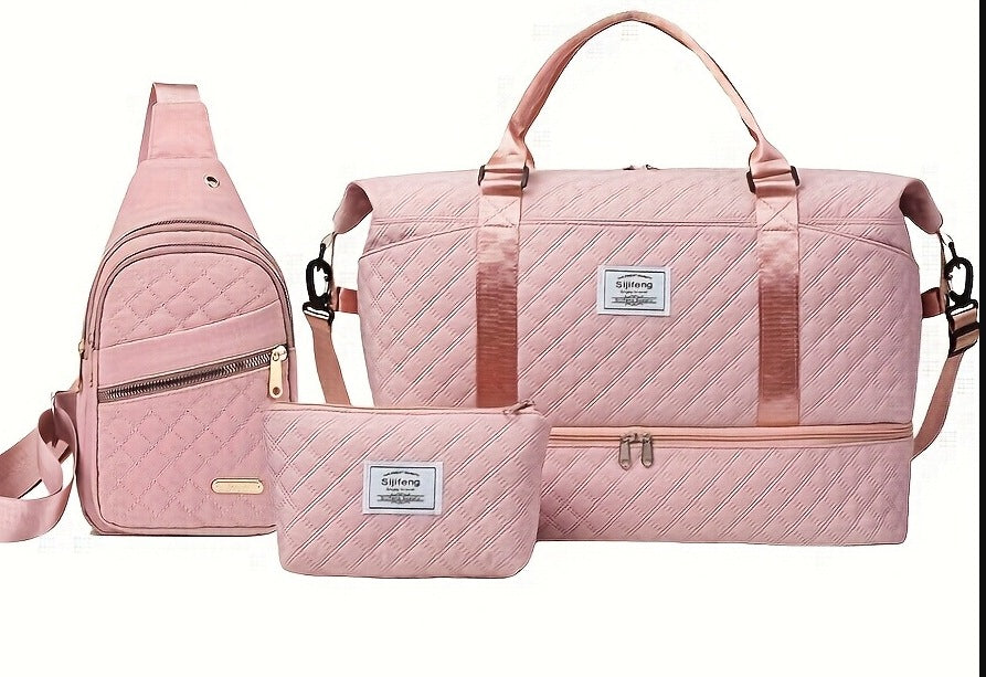 Pink Stylish 3-Piece Quilted Travel Bag Set - Weekender Duffel with Shoe Compartment, Sling Bag &amp; Cosmetic Pouch