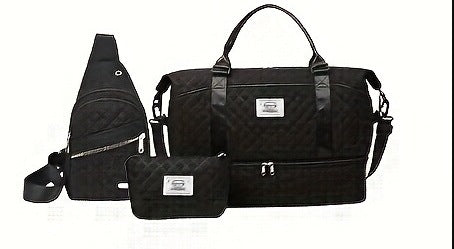Black Stylish 3-Piece Quilted Travel Bag Set - Weekender Duffel with Shoe Compartment, Sling Bag &amp; Cosmetic Pouch