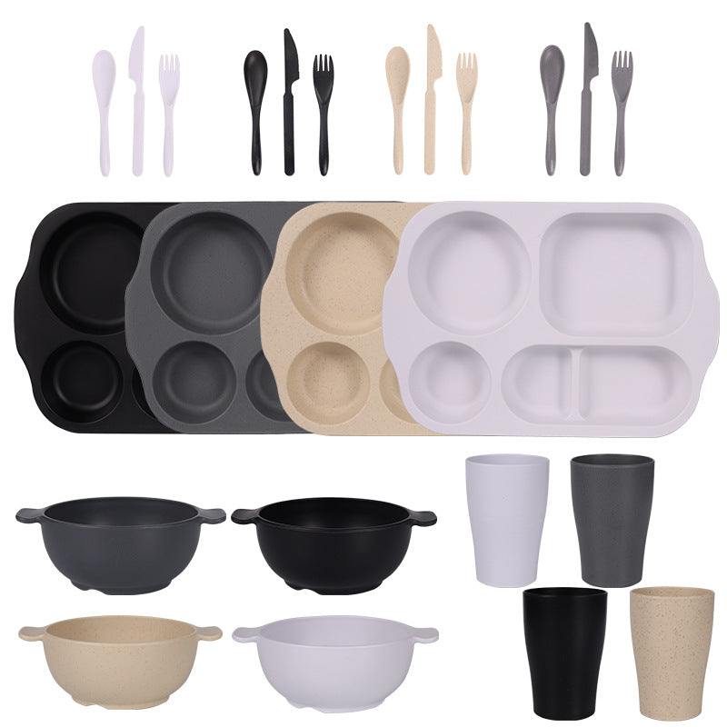Black, Dark Grey, White, Beige Durable Eco-Friendly Wheat Straw Dinnerware Set - 24 Pieces with Plates, Bowls, Cups &amp; Cutlery