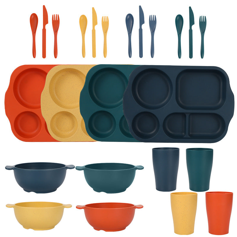 Macaron 4 Colours Durable Eco-Friendly Wheat Straw Dinnerware Set - 24 Pieces with Plates, Bowls, Cups &amp; Cutlery