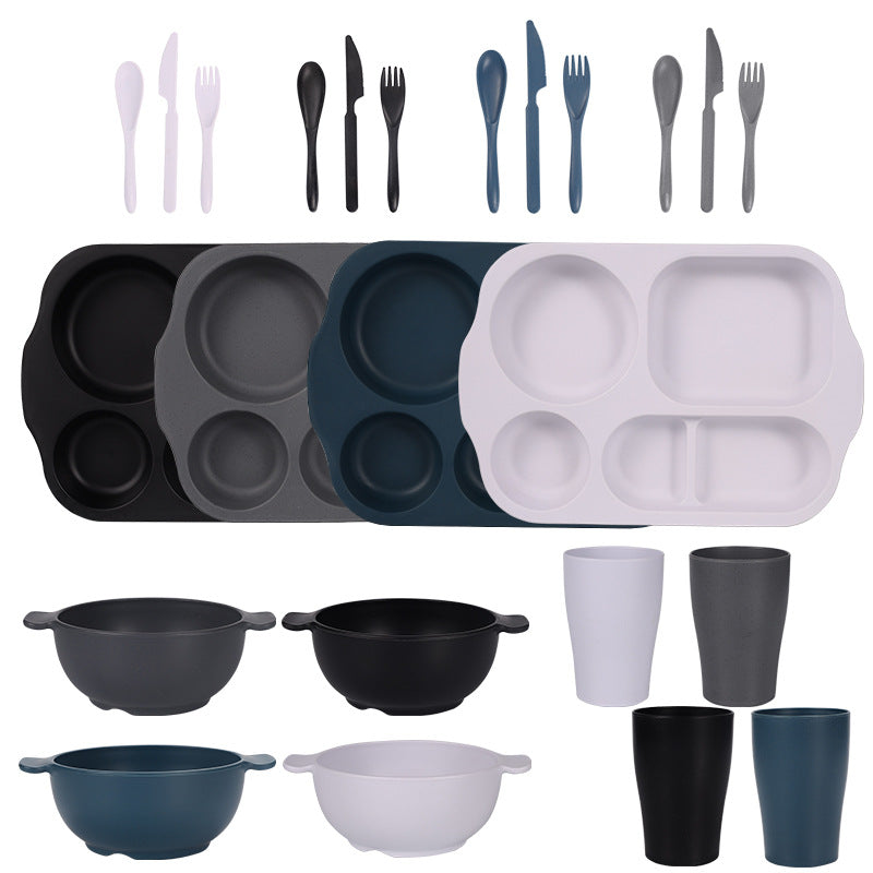Black, Dark Grey, White, Dark Blue Durable Eco-Friendly Wheat Straw Dinnerware Set - 24 Pieces with Plates, Bowls, Cups &amp; Cutlery
