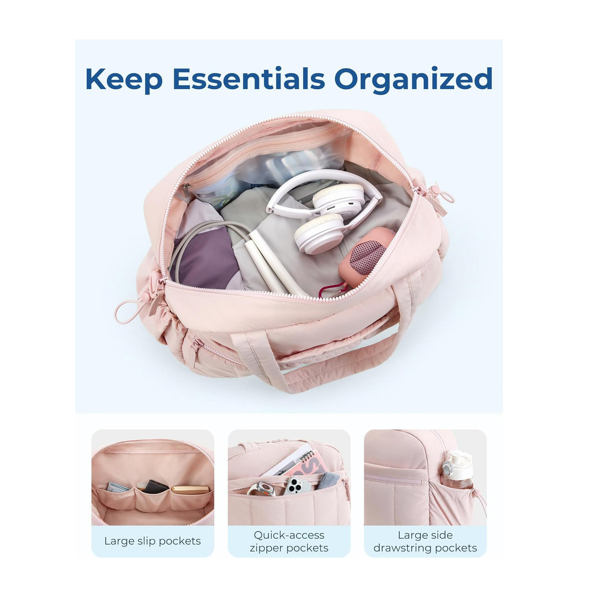 Pink Large Capacity Quilted Travel Tote Bag - Waterproof Gym Duffel with Wet Pocket (42x19x30cm)