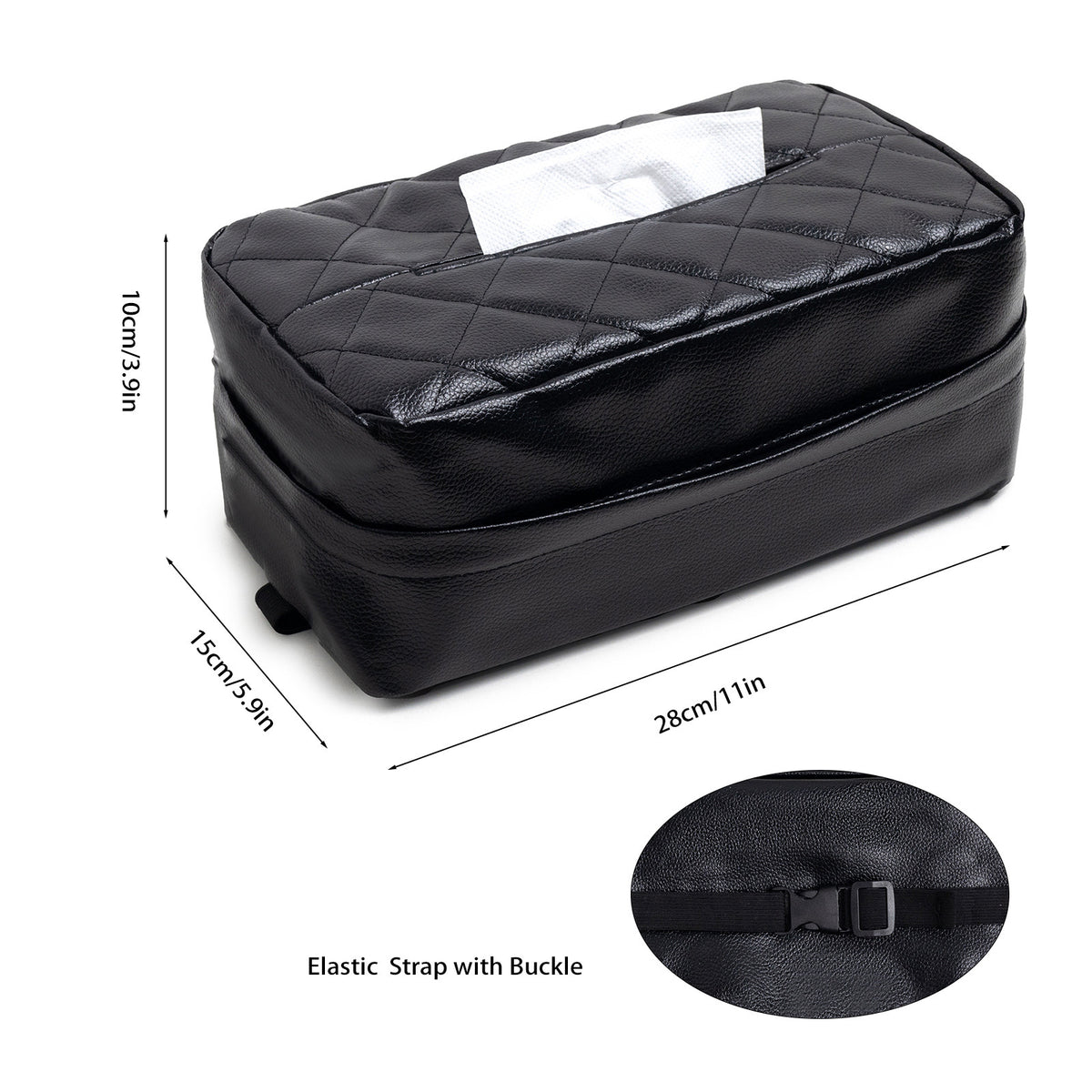 Black Universal Leather Car Tissue Box Holder - Visor, Armrest & Seat Back Mount