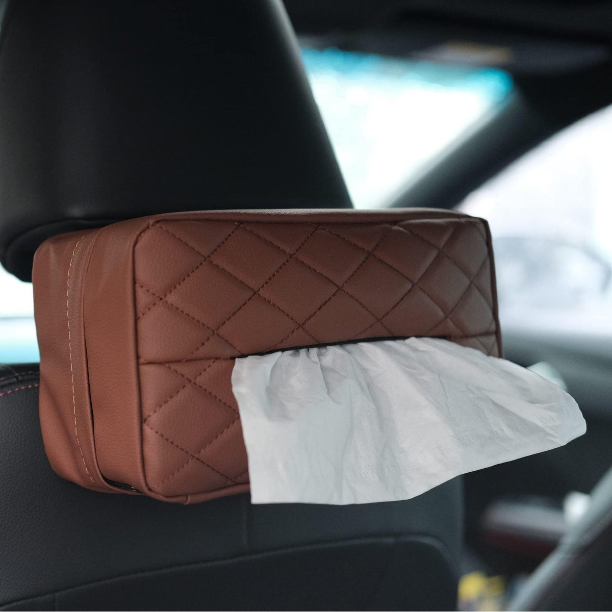 Brown Universal Leather Car Tissue Box Holder - Visor, Armrest &amp; Seat Back Mount
