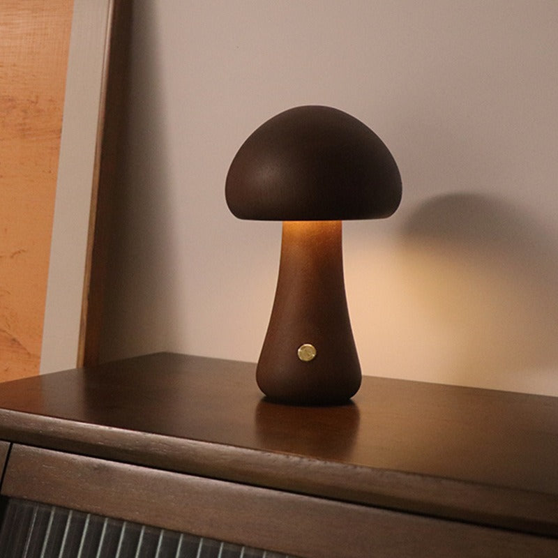 Dark Brown Solid Wood Mushroom LED Table Lamp - Rechargeable Touch Control Bedside Night Light (Large)