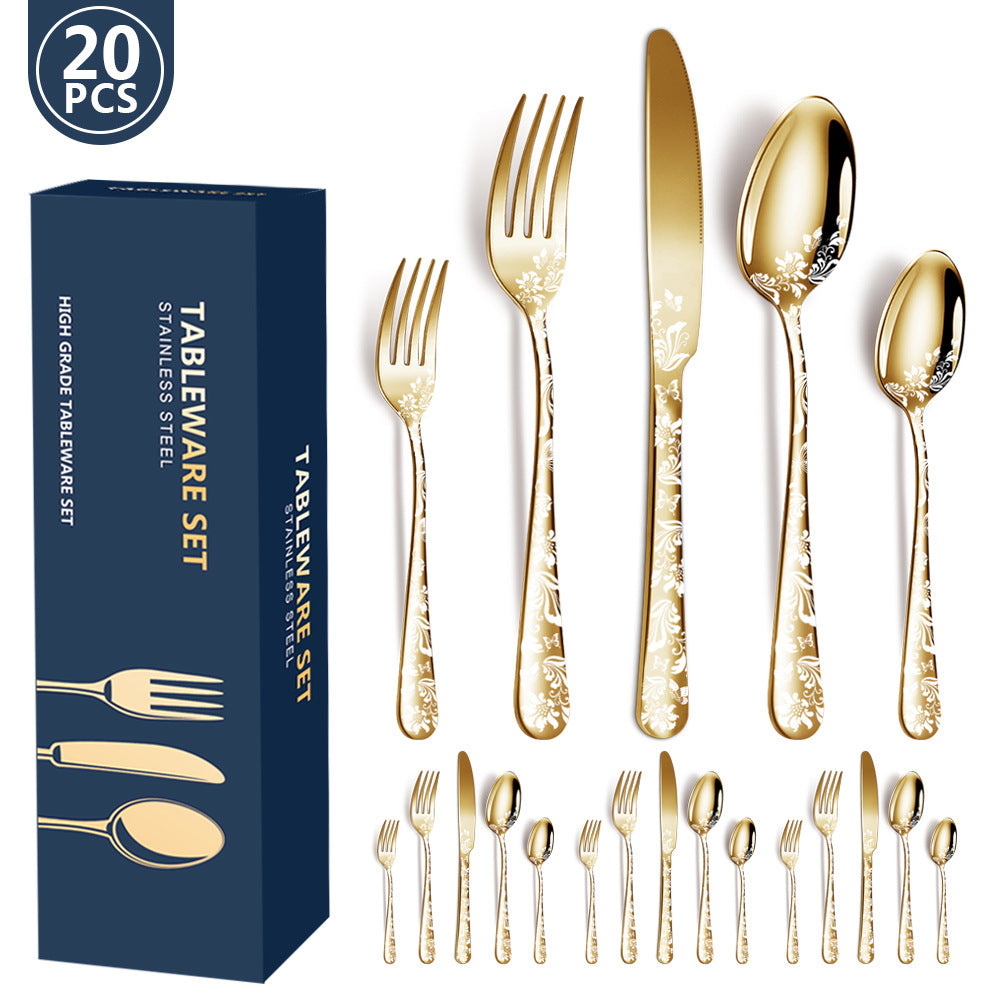 Gold Elegant 20-Piece Stainless Steel Cutlery Set with Floral Design - Dinner &amp; Steak Knives, Forks, Spoons