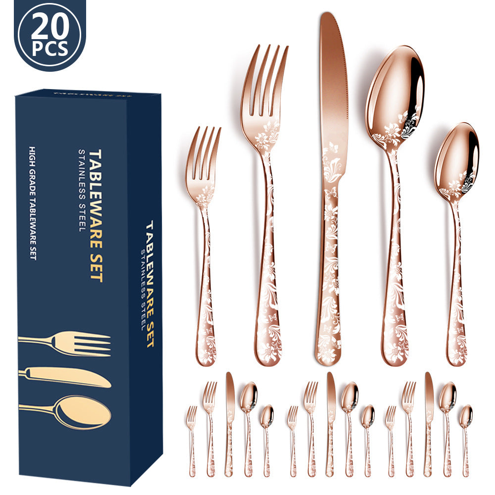 Rose Gold Elegant 20-Piece Stainless Steel Cutlery Set with Floral Design - Dinner & Steak Knives, Forks, Spoons
