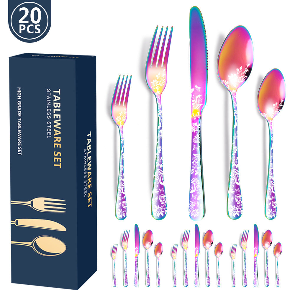 Multicolor Elegant 20-Piece Stainless Steel Cutlery Set with Floral Design - Dinner & Steak Knives, Forks, Spoons