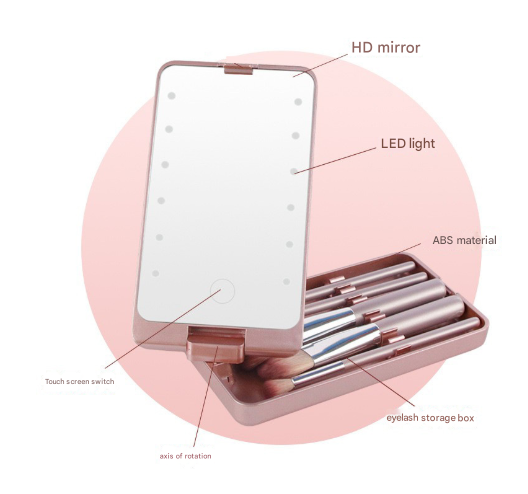 White LED Lighted Makeup Mirror with 5-Piece Cosmetic Brush Set and Dustproof Storage Case