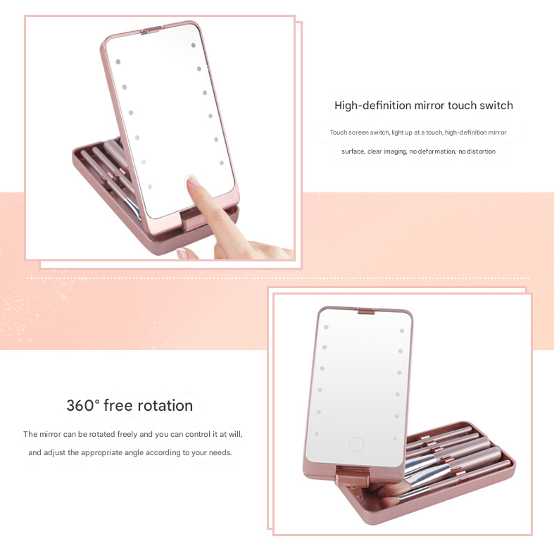 Black LED Lighted Makeup Mirror with 5-Piece Cosmetic Brush Set and Dustproof Storage Case