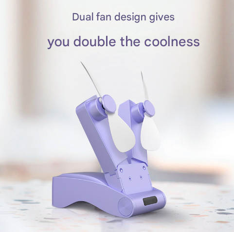 Pink Creative Dual-Head Folding Handheld Fan - USB Rechargeable, 3-Speed Strong Wind, 10.5x4.5x4cm