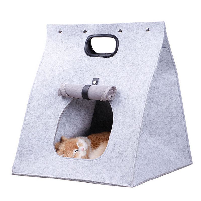 Grey Cozy A-Frame Felt Pet Teepee - Foldable &amp; Portable Cat Cave Bed with Easy Carry Handle