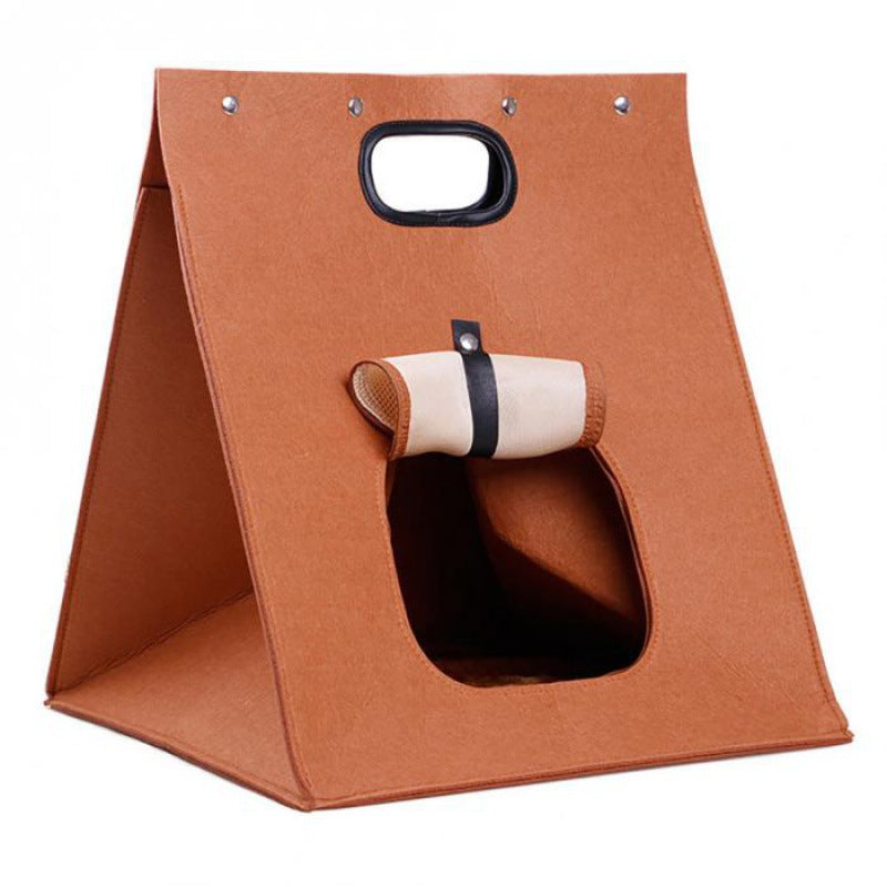 Brown Cozy A-Frame Felt Pet Teepee - Foldable &amp; Portable Cat Cave Bed with Easy Carry Handle