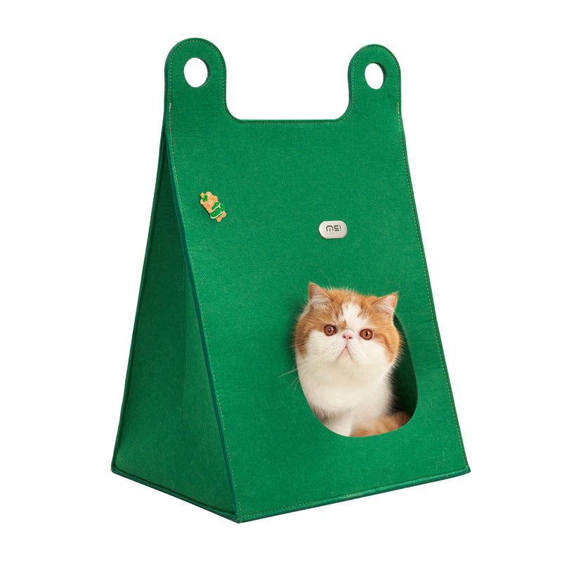 Green Cozy A-Frame Felt Pet Teepee - Foldable &amp; Portable Cat Cave Bed with Easy Carry Handle
