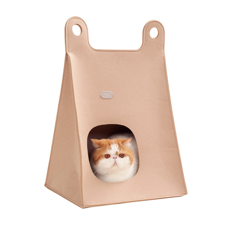 Khaki Cozy A-Frame Felt Pet Teepee - Foldable &amp; Portable Cat Cave Bed with Easy Carry Handle