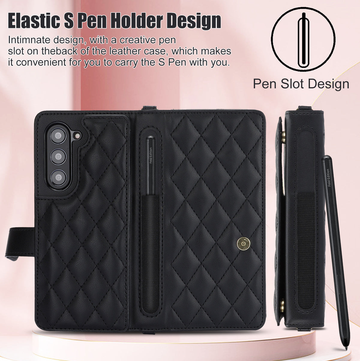 Purple Galaxy Z Fold4 Multi-Functional Leather Wallet Case for Samsung Z Fold Series - Crossbody with Pen Slot, Quilted Design Pen Not Included