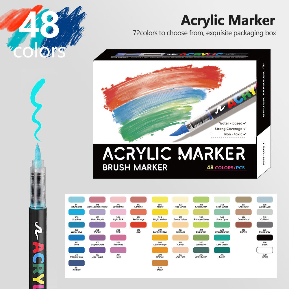 48 Colour Set Vibrant Cyan Acrylic Marker with Soft Brush Tip - 13.8 cm Professional Art Pen