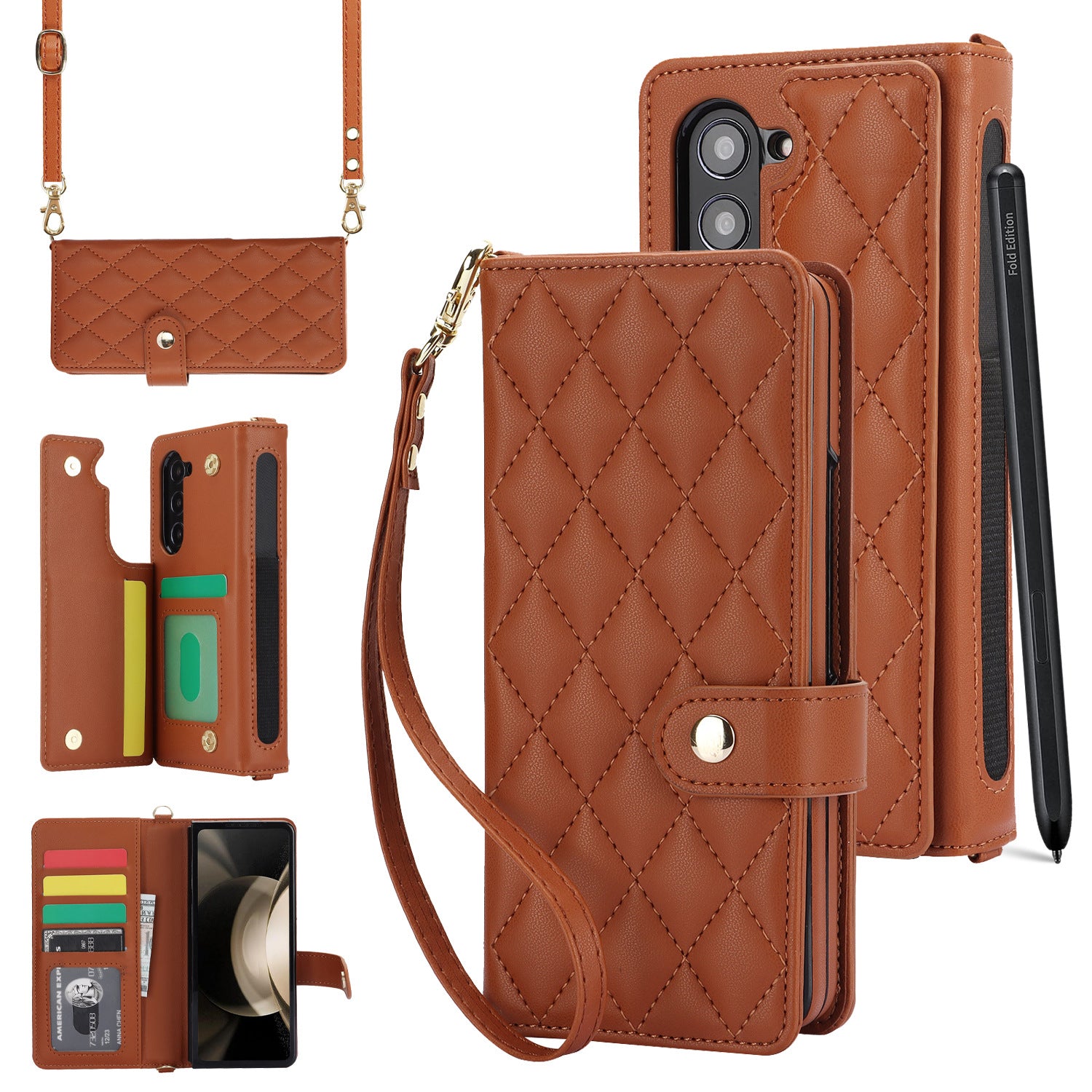 Brown Galaxy Z Fold4 Multi-Functional Leather Wallet Case for Samsung Z Fold Series - Crossbody with Pen Slot, Quilted Design Pen Not Included