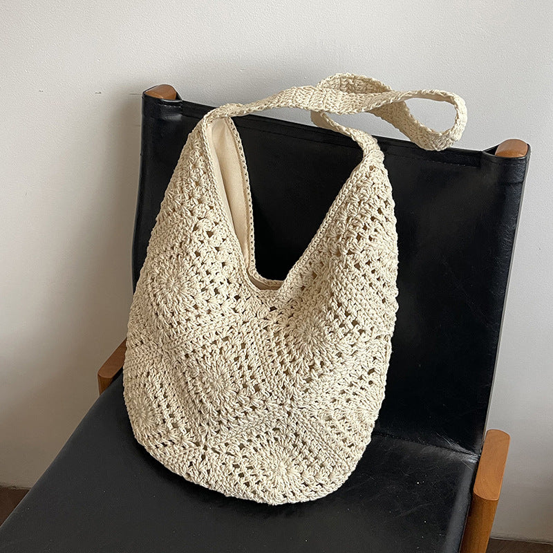 Beige Flower-Patterned Cotton Crochet Tote Bag - Beach and Commute Essential