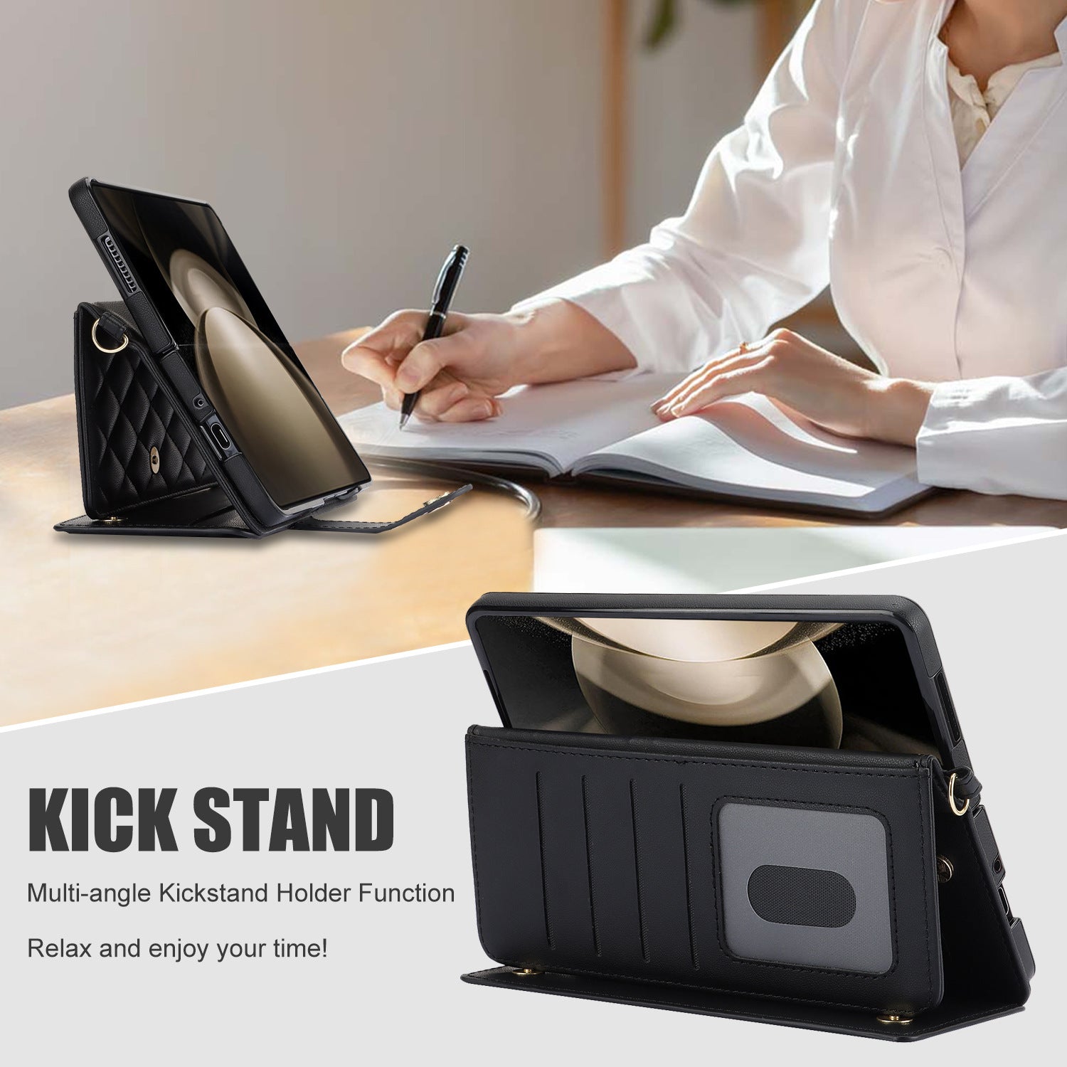 White Galaxy Z Fold4 Multi-Functional Leather Wallet Case for Samsung Z Fold Series - Crossbody with Pen Slot, Quilted Design Pen Not Included