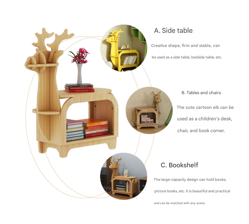 Pink Small Creative Reindeer-Shaped Solid Wood Bookshelf for Kids