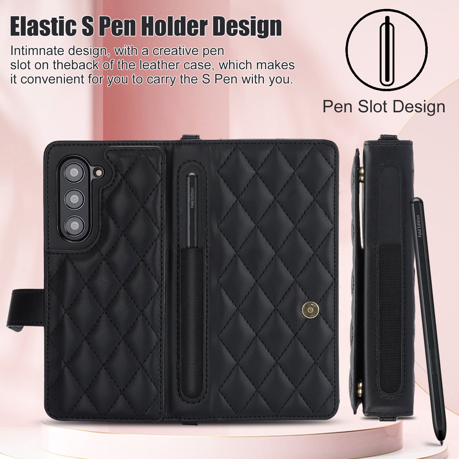 Rose Gold Galaxy Z Fold6 Multi-Functional Leather Wallet Case for Samsung Z Fold Series - Crossbody with Pen Slot, Quilted Design Pen Not Included