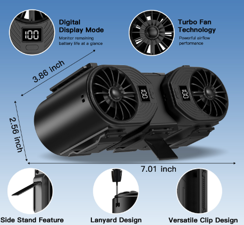 Black Portable Turbo Waist Fan with Digital Display and Dual Air Outlets
