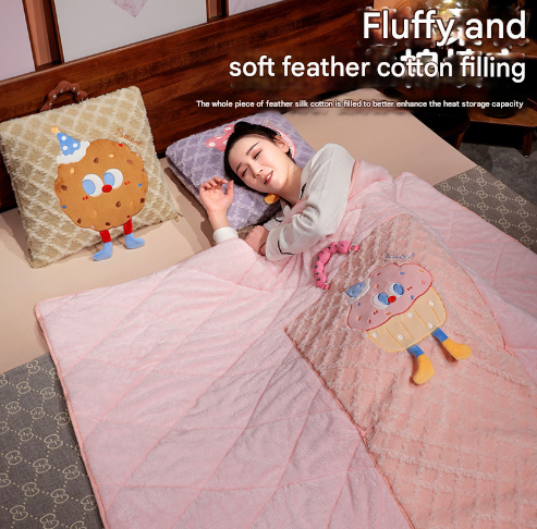 Purple Thick Fleece Cartoon Cookie Pillow Blanket 2-in-1 for Winter Car and Office Use