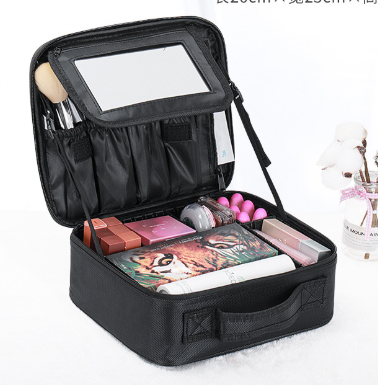 Black Oxford Fabric Makeup Case with Mirror and Partitions - All-in-One Tool Box