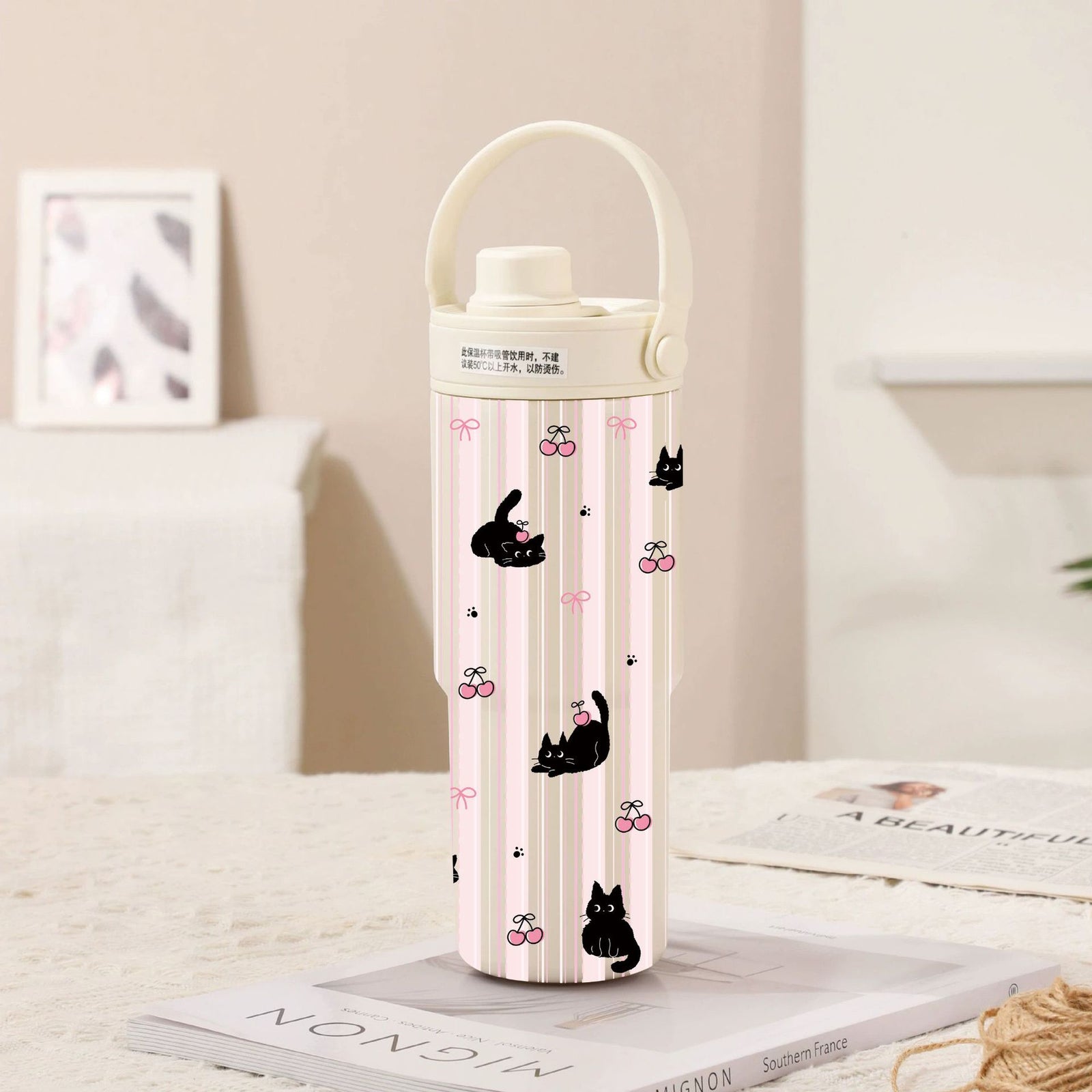 White-Line Black Cat 30oz Ceramic-Lined Insulated Tumbler with Handle, 735ml Stainless Steel Travel Mug