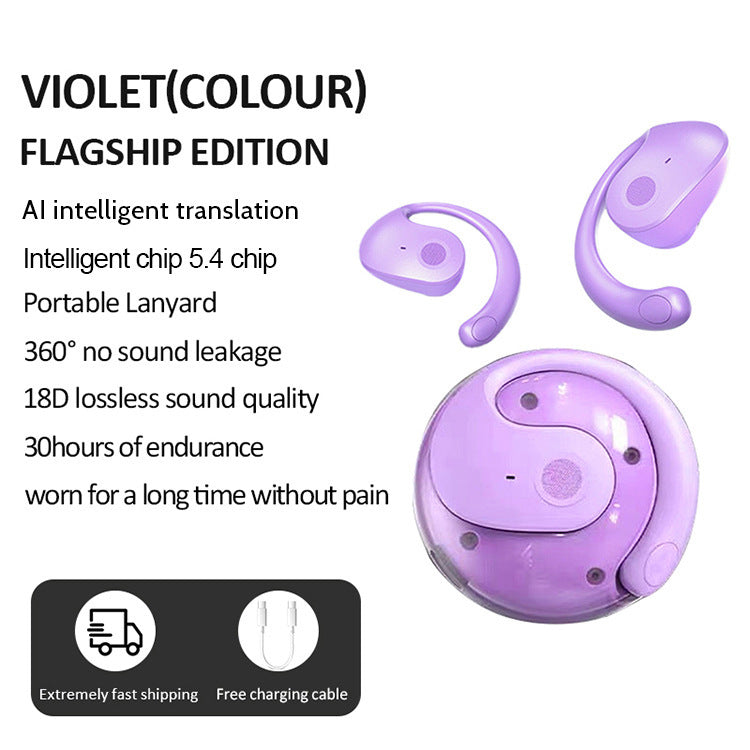 Purple T2 AI Smart Translation Earbuds - Open-Ear OWS Bluetooth 5.4 Headphones with Simultaneous Interpretation &amp; IPX4 Waterproof