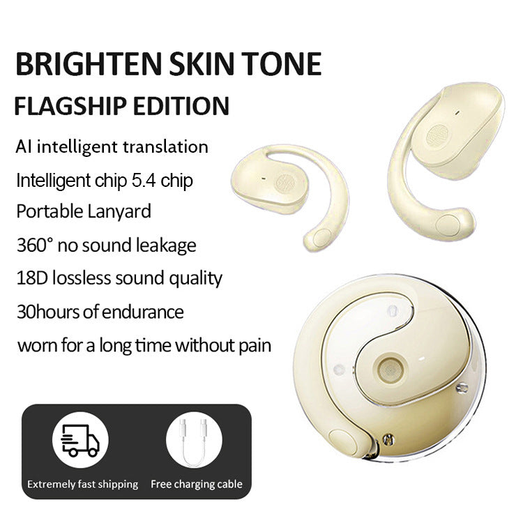 Yellow T2 AI Smart Translation Earbuds - Open-Ear OWS Bluetooth 5.4 Headphones with Simultaneous Interpretation &amp; IPX4 Waterproof