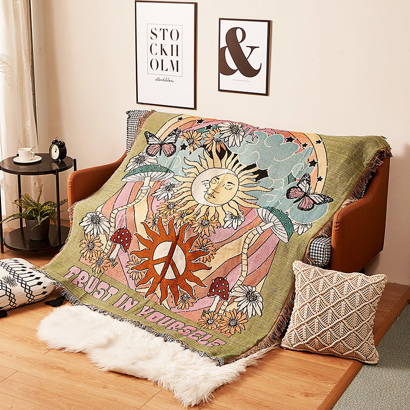 Humen Face Sun Artistic Jacquard Throw Blanket - American Style Illustrated Sofa Cover &amp; Tapestry - 130 x 160cm