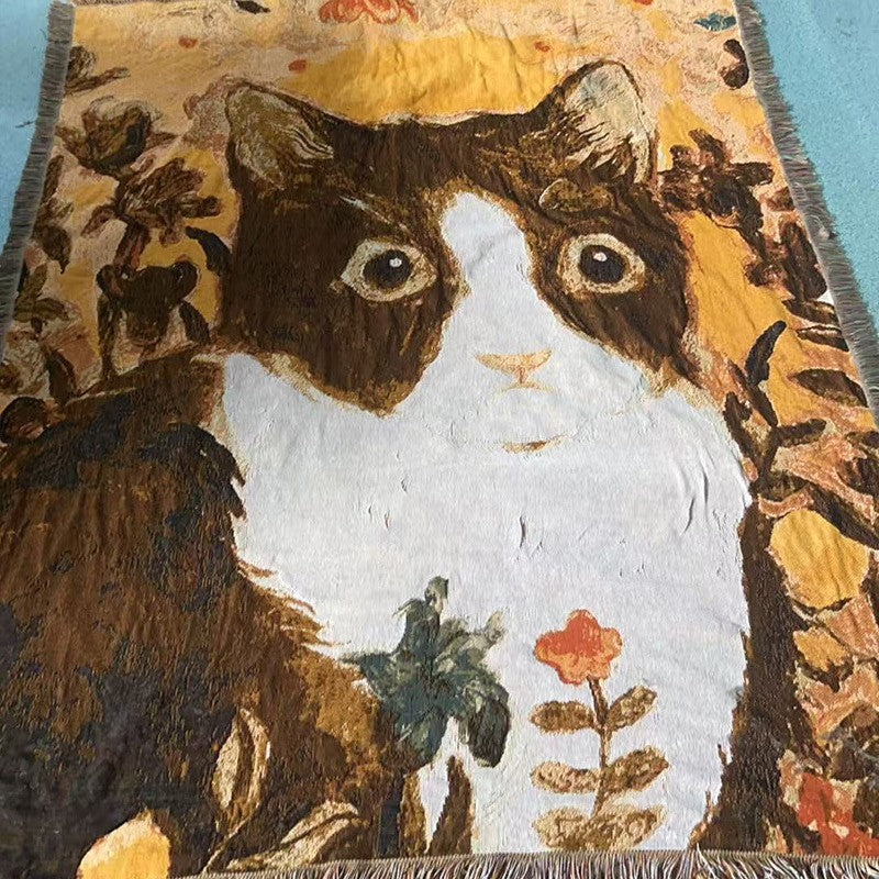 Cat Artistic Jacquard Throw Blanket - American Style Illustrated Sofa Cover &amp; Tapestry - 130 x 160cm