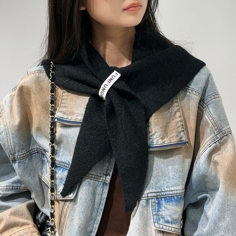 2-Piece Black Elegant Wool Blend Triangle Scarf - Luxurious Knit Shawl for Women (39 x 110cm)