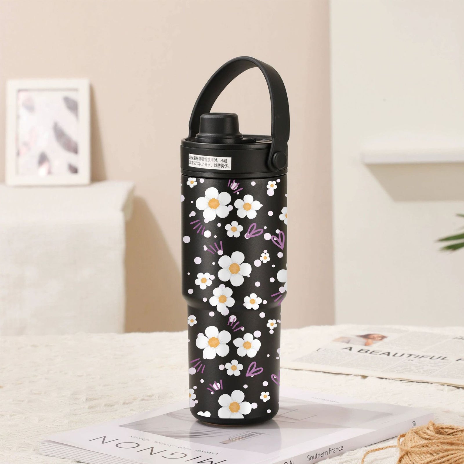 Twilight Black-White Flowers 30oz Ceramic-Lined Insulated Tumbler with Handle, 735ml Stainless Steel Travel Mug