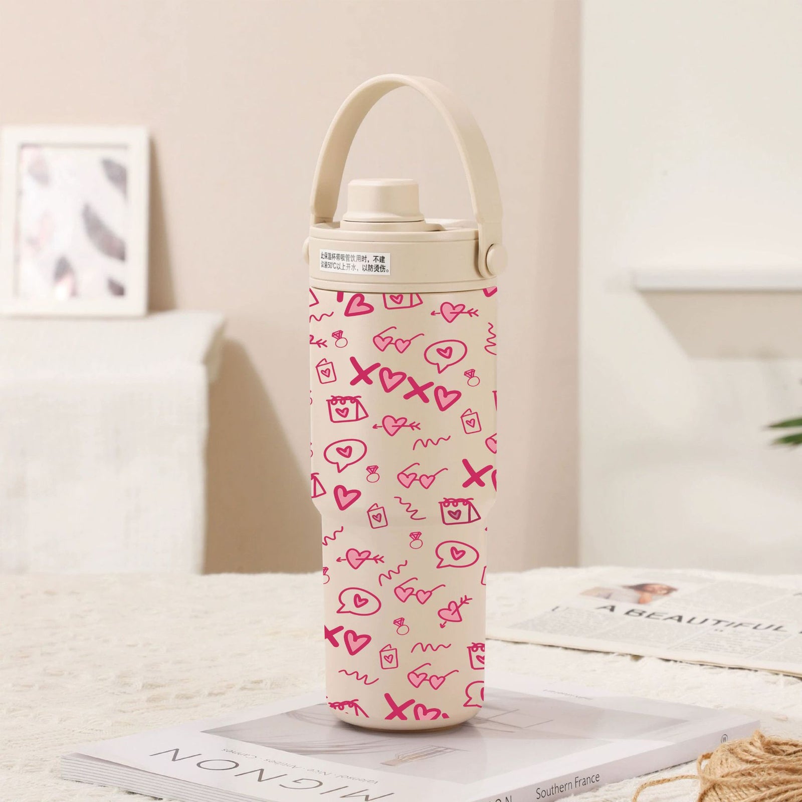 Light Cream Coffee - Pink Love 30oz Ceramic-Lined Insulated Tumbler with Handle, 735ml Stainless Steel Travel Mug