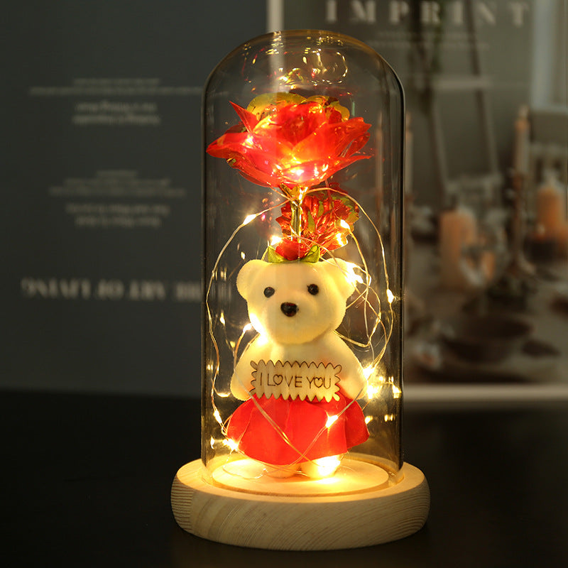 Enchanted Rose &amp; Teddy Bear in Glass Dome with LED Lights - I Love You" Gift(Red)"