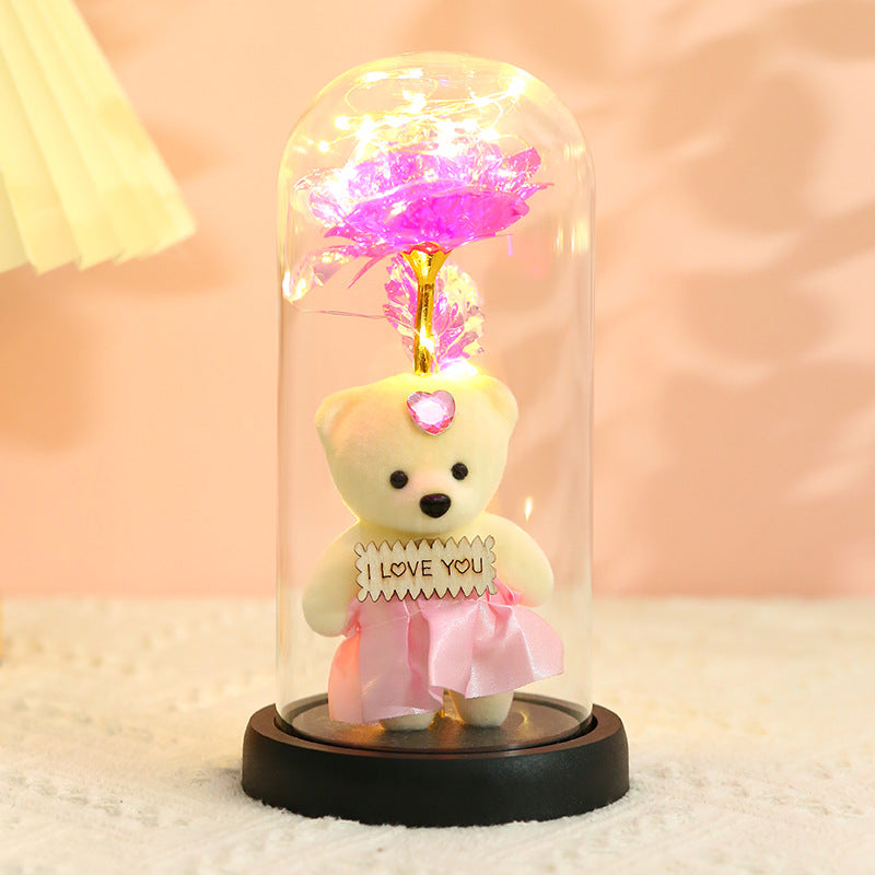 Enchanted Rose &amp; Teddy Bear in Glass Dome with LED Lights - I Love You" Gift(blue)"