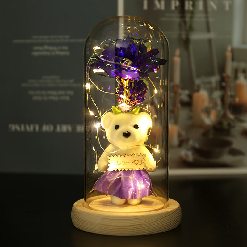 Enchanted Rose & Teddy Bear in Glass Dome with LED Lights - I Love You" Gift(purple)"