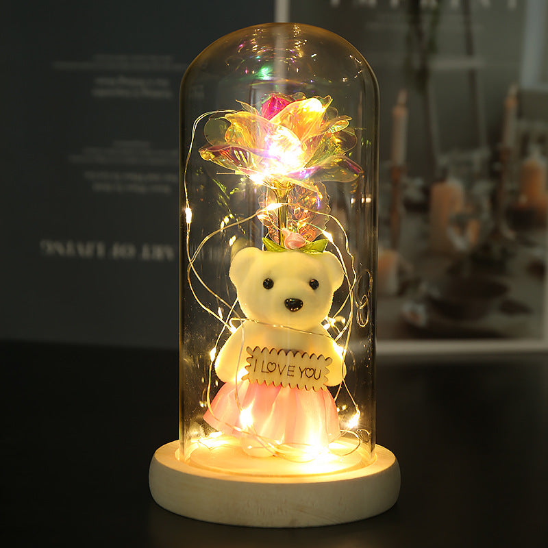 Enchanted Rose & Teddy Bear in Glass Dome with LED Lights - I Love You" Gift(colorful)"