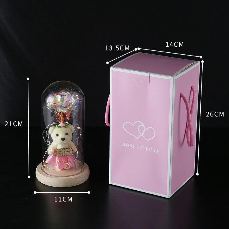 Enchanted Rose & Teddy Bear in Glass Dome with LED Lights - I Love You" Gift(colorful)"